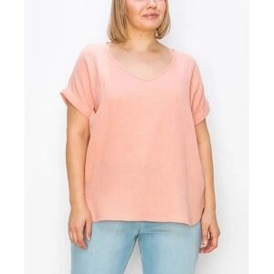 Coin 1804 Gauze Blouse Women 2X Peach Excellent Short Sleeve V-Neck Textured Top